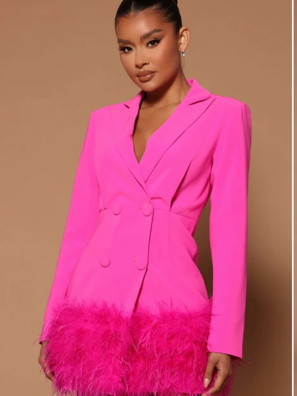 Fashion Nova  Pink Feather-Hem Double-Breasted Blazer